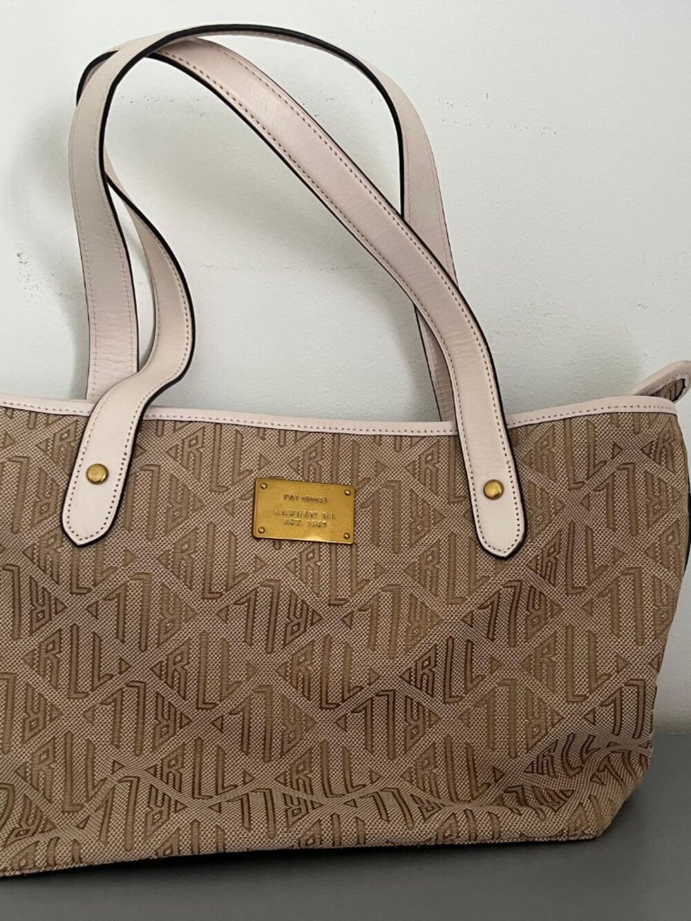 Lauren Ralph Lauren Monogram Jacquard Tote Bag Tan Beige Pink Leather Trim RLL